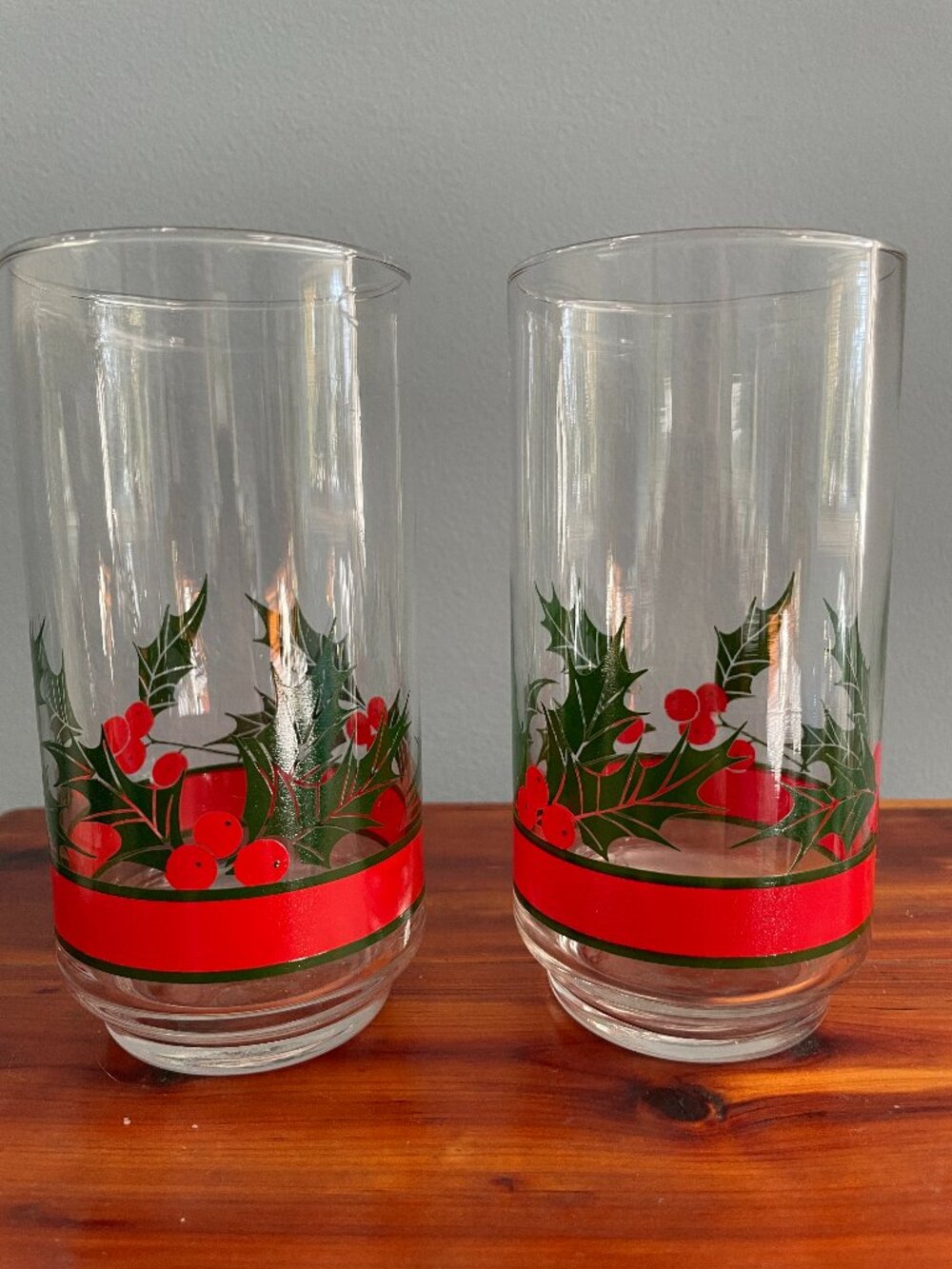 Libbey Holly & Berries Highball Tumbler Glasses Set of 2 Vintage 12 oz Christmas